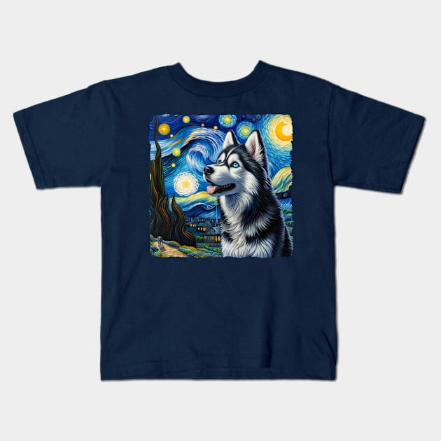 Starry Siberian Husky Dog Portrait - Pet Portrait Kids T-Shirt by starry_night